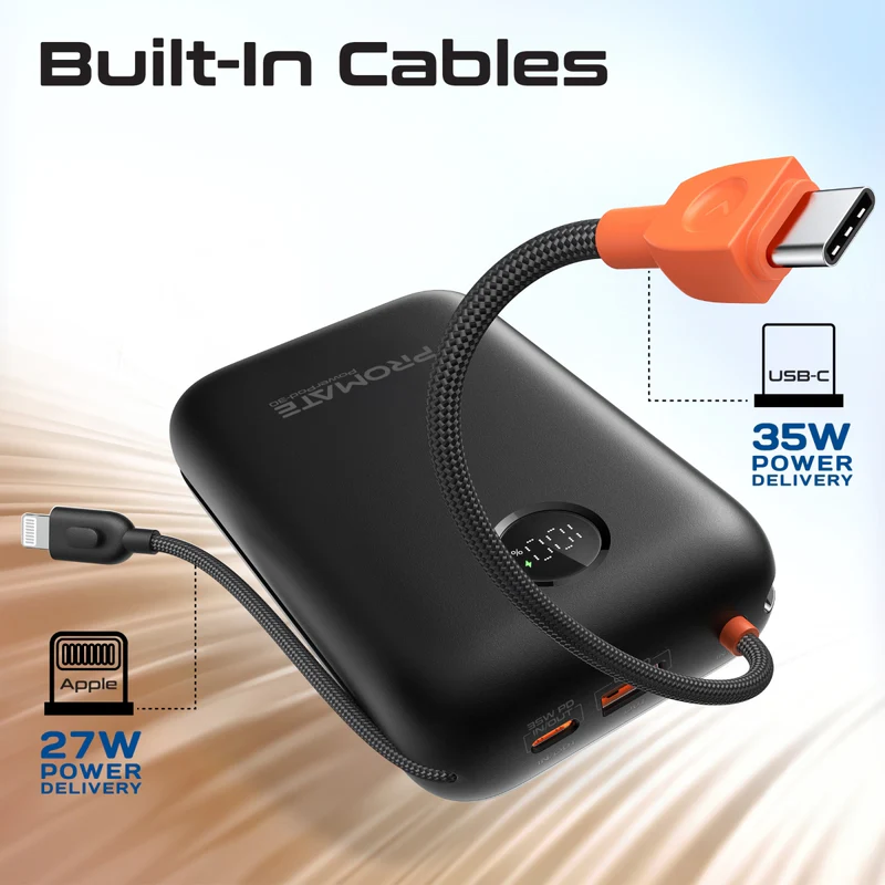 بروميت باور بانك  فائق السرعة 35 وات فائق الصغر بسعة 30000 مللي أمبير/ساعة مع كابل USB-C ولايتنينج مدمج 