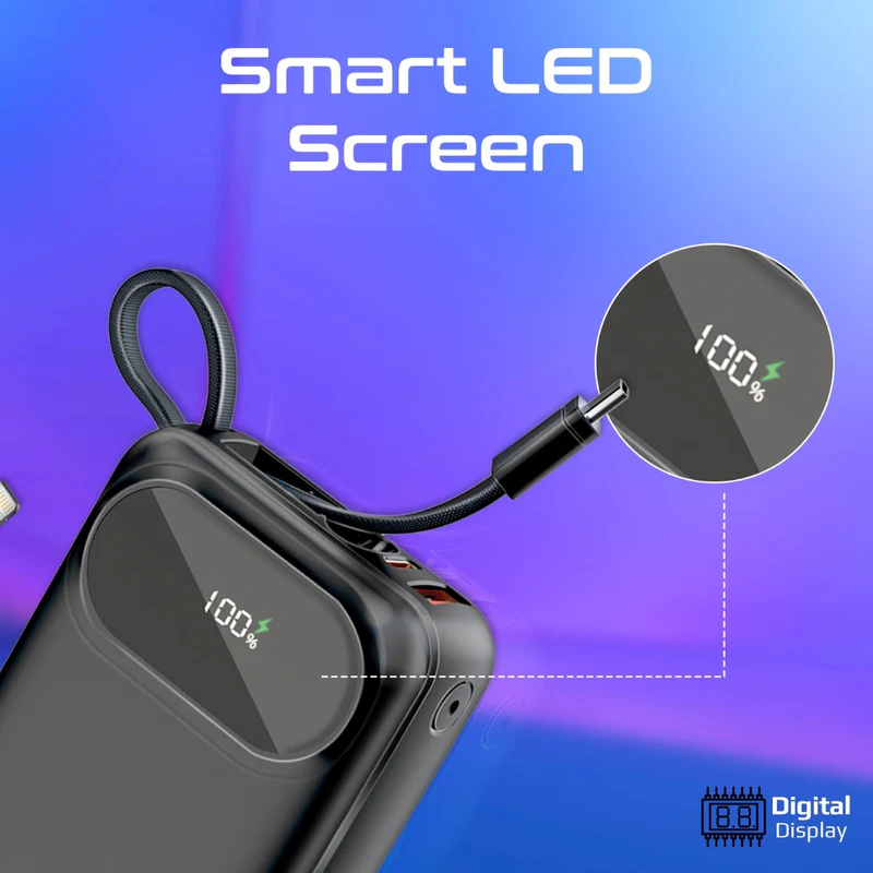 Promate-20000mAh Ultra Compact 35W SuperSpeed™ Power Bank with Built-In USB-C & Lightning Cable -BLACK