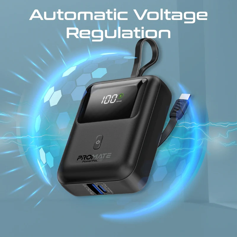 Promate-10000mAh Ultra Compact 35W SuperSpeed™ Power Bank with Built-In USB-C Cable-BLACK 