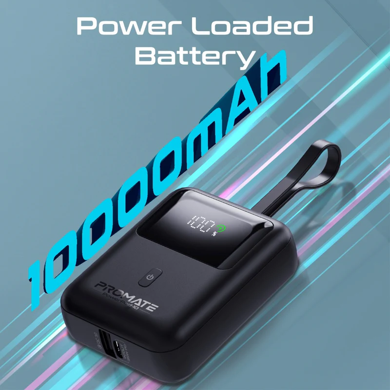 Promate-10000mAh Ultra Compact 35W SuperSpeed™ Power Bank with Built-In USB-C Cable-BLACK 