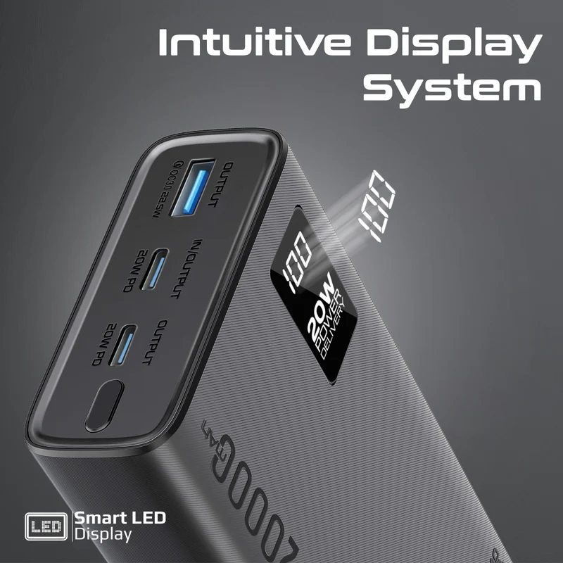 بروميت بنك طاقة صغير الحجم مع شحن ذكي بمنفذي USB-C PD بقوة 20 وات ومنافذ USB-A بقوة 22.5 وات باللون الأسود