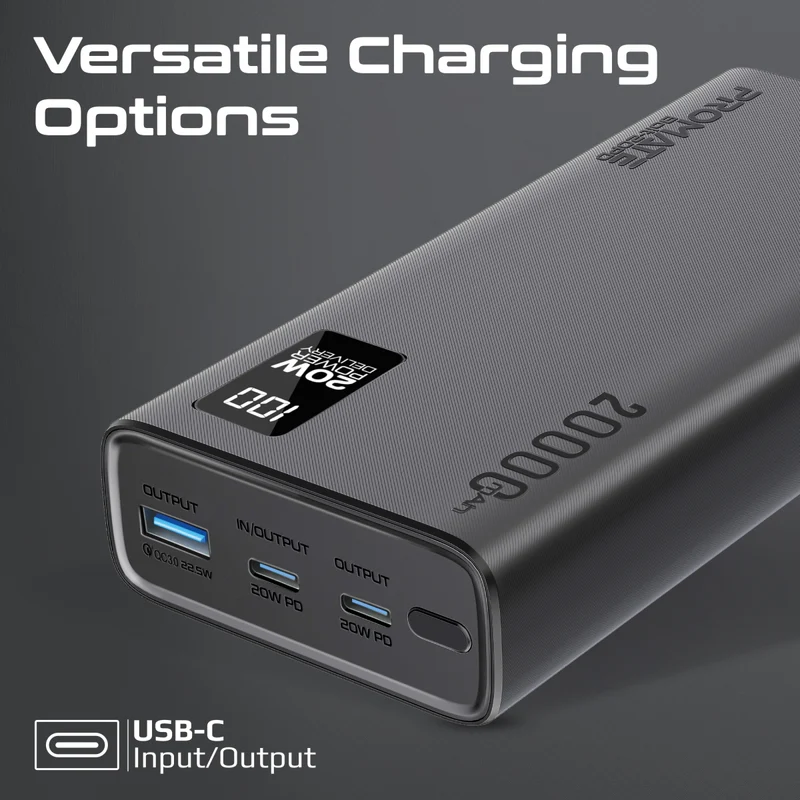 بروميت بنك طاقة صغير الحجم مع شحن ذكي بمنفذي USB-C PD بقوة 20 وات ومنافذ USB-A بقوة 22.5 وات باللون الأسود
