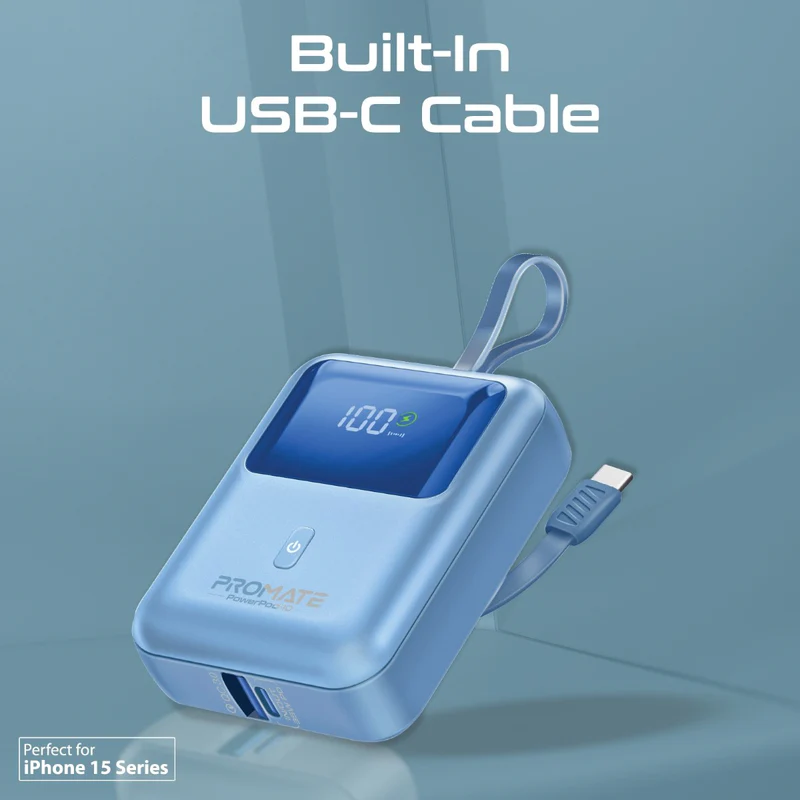 Promate-10000mAh Ultra Compact 35W SuperSpeed™ Power Bank with Built-In USB-C Cable blue