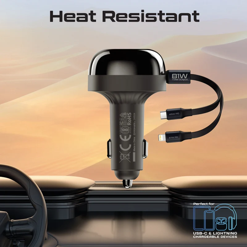 شاحن سيارة بروميت متعدد المنافذ بقوة 81 واط مع كابلات USB-C وLightning قابلة للسحب - POWERDRIVE-RCI81 