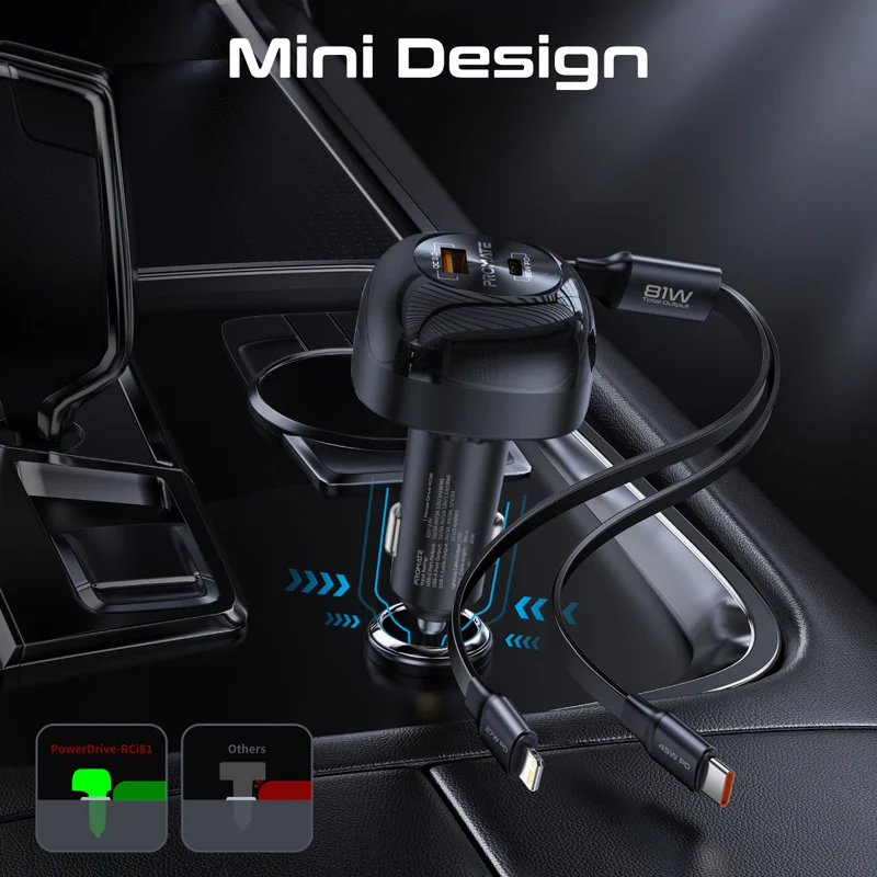 شاحن سيارة بروميت متعدد المنافذ بقوة 81 واط مع كابلات USB-C وLightning قابلة للسحب - POWERDRIVE-RCI81 