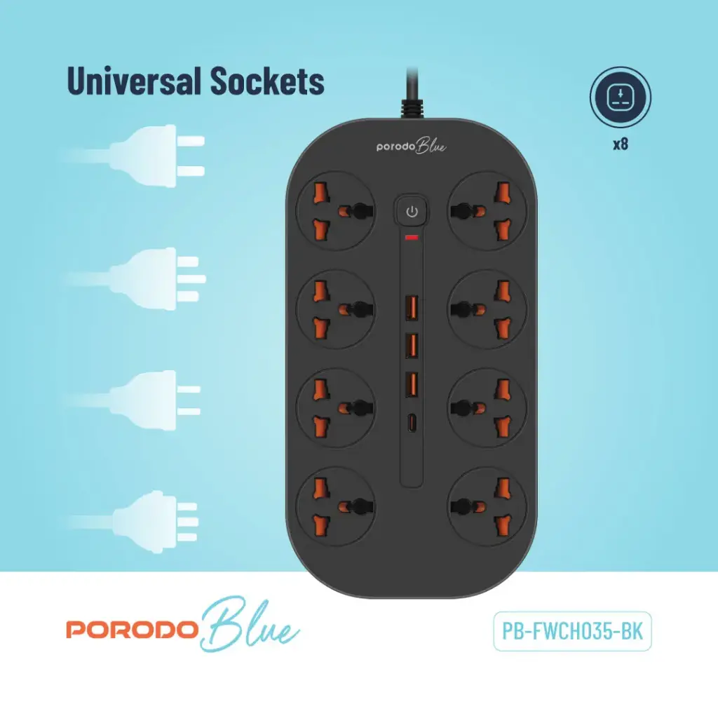 توصيلة كهرب 8 مقابس 3 متر مع مخارج يو اس بي بورودو بلو Porodo Blue 8 Ac Power