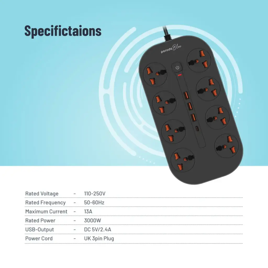 توصيلة كهرب 8 مقابس 3 متر مع مخارج يو اس بي بورودو بلو Porodo Blue 8 Ac Power