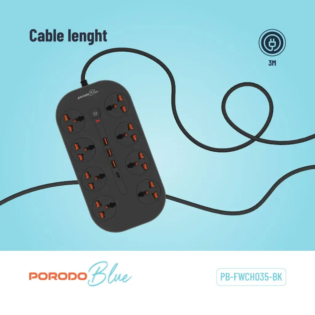 توصيلة كهرب 8 مقابس 3 متر مع مخارج يو اس بي بورودو بلو Porodo Blue 8 Ac Power