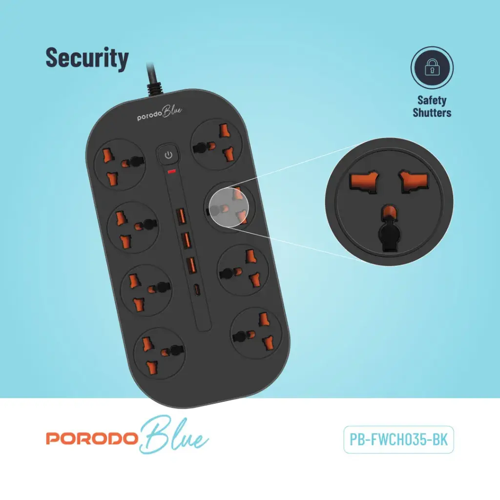 توصيلة كهرب 8 مقابس 3 متر مع مخارج يو اس بي بورودو بلو Porodo Blue 8 Ac Power
