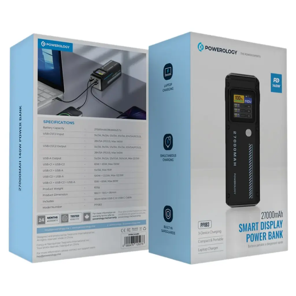 Powerology 27000mAh Smart Display Power Bank 140W PD3.1 USB-C Fast Charging
