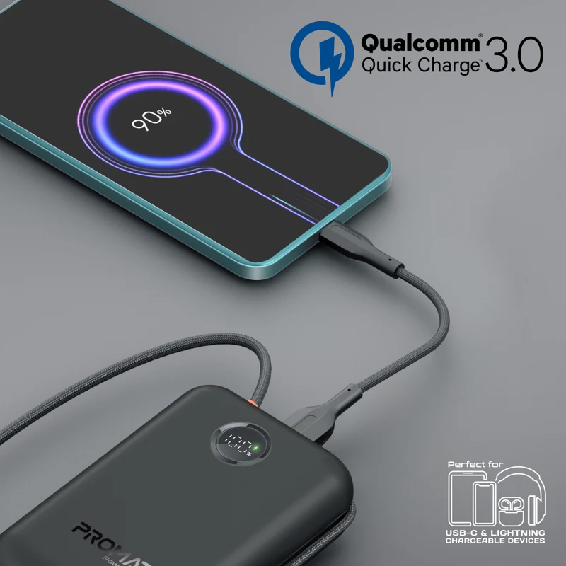 بروميت باور بانك  فائق السرعة 35 وات فائق الصغر بسعة 30000 مللي أمبير/ساعة مع كابل USB-C ولايتنينج مدمج 