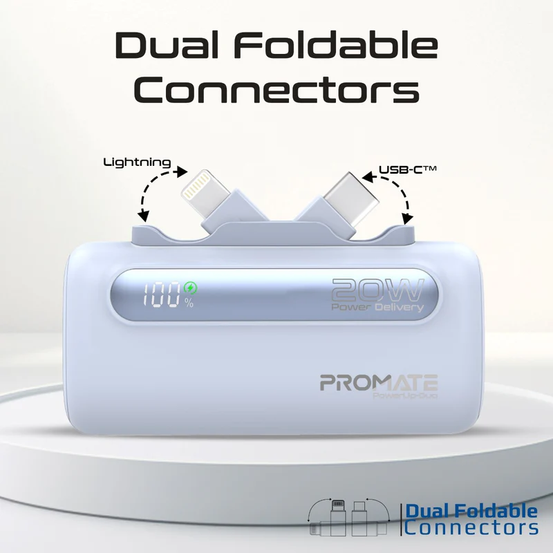 Promate5000mAh Ultra-Compact fast charging Power Bank with Dual Folding USB-C & Lightning Connector
