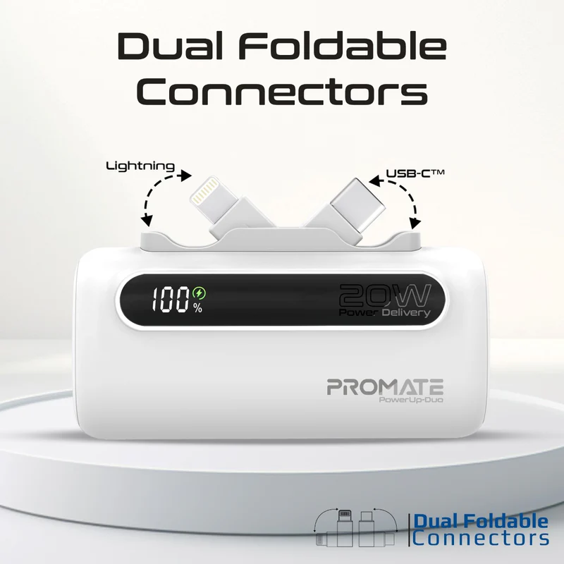Promate 5000mAh Ultra-Compact fast charging Power Bank with Dual Folding USB-C & Lightning Connector White