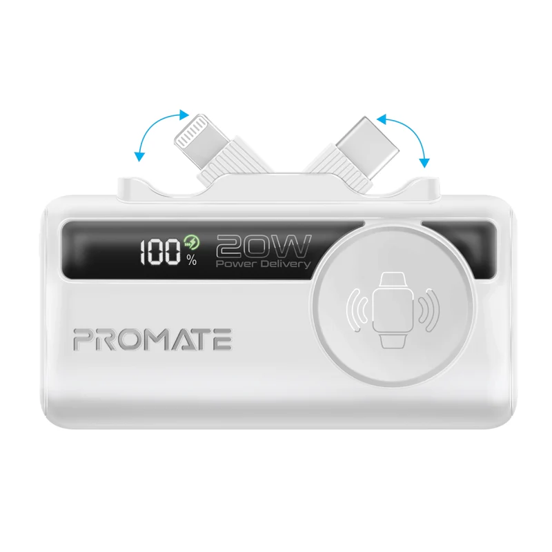 Promate Ultra-CompactFastChargingPowerBank with In-built USB-C, LightningConnectors & Apple Watch Charger 
