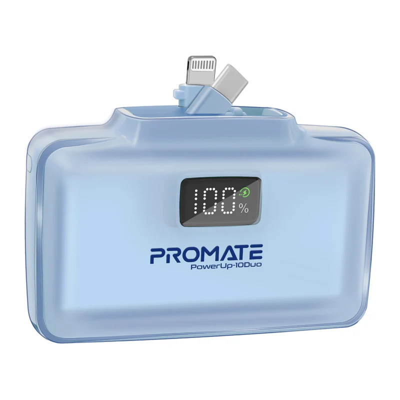 Promate Ultra-Compact Fast Charging Power Bank with Dual folding USB-C and Lightning Connectors