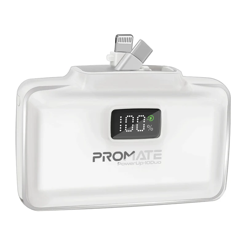 Promate Ultra-Compact Fast Charging Power Bank with Dual folding USB-C and Lightning Connectors White