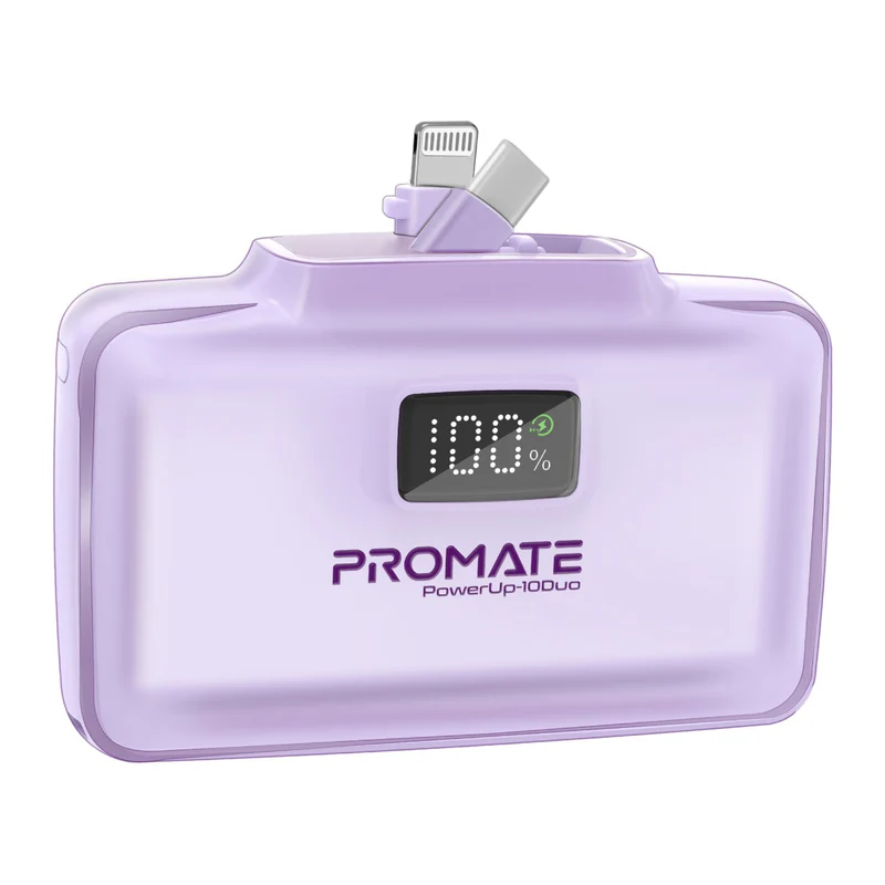 Promate Ultra-Compact Fast Charging Power Bank with Dual folding USB-C and Lightning Connectors purple