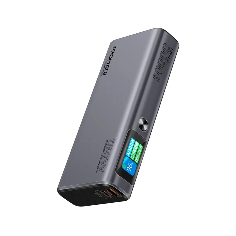 Promate  20000mAh 130W Sleek Aluminum Crafted Power Delivery Power Bank w/ TFT LCD Screen