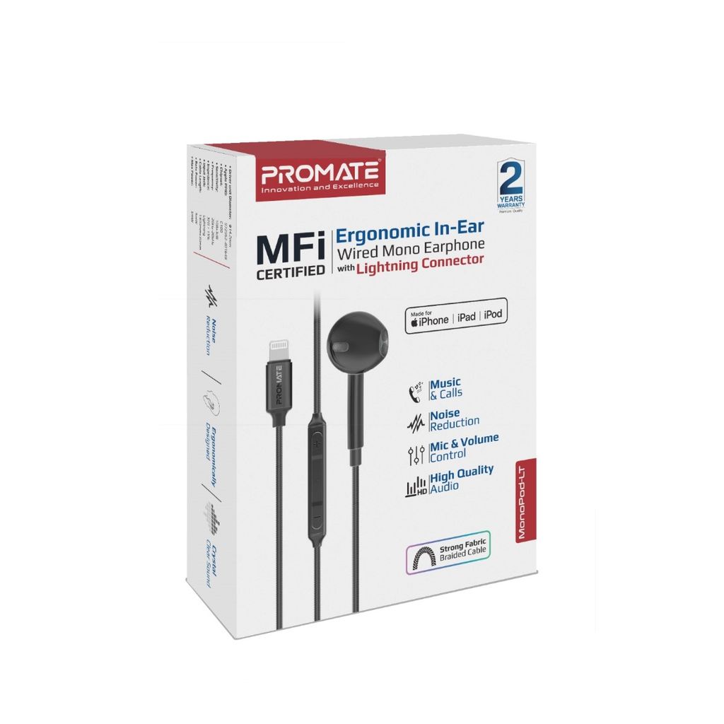 Promate MonoPod-LT Wired Mono Earphone with Lightning Connector/ Black