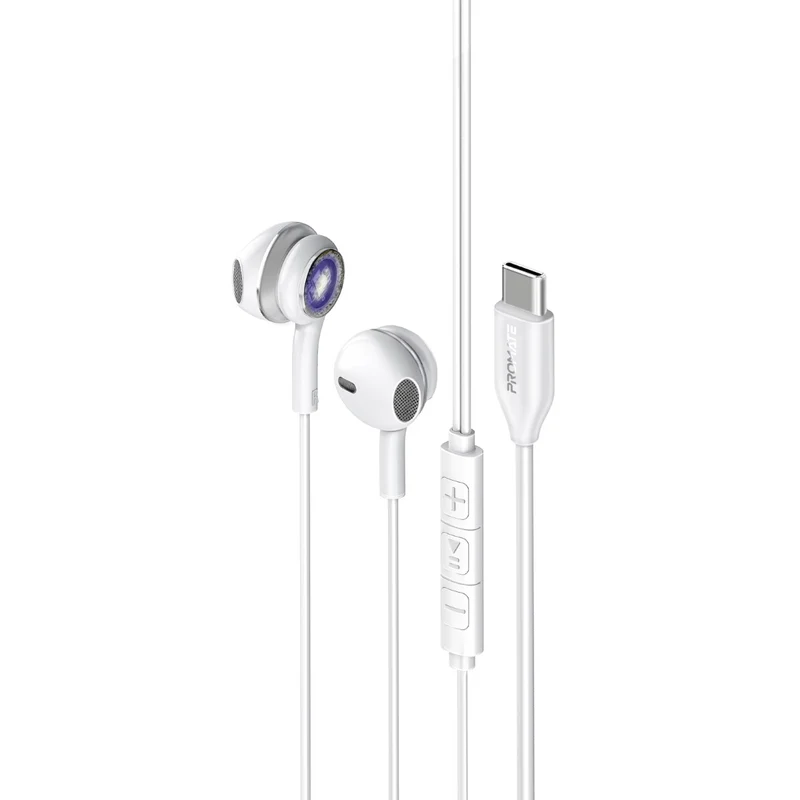 Promate LumiSound™ Transparent Stereo USB-C Wired RGB Earphones white