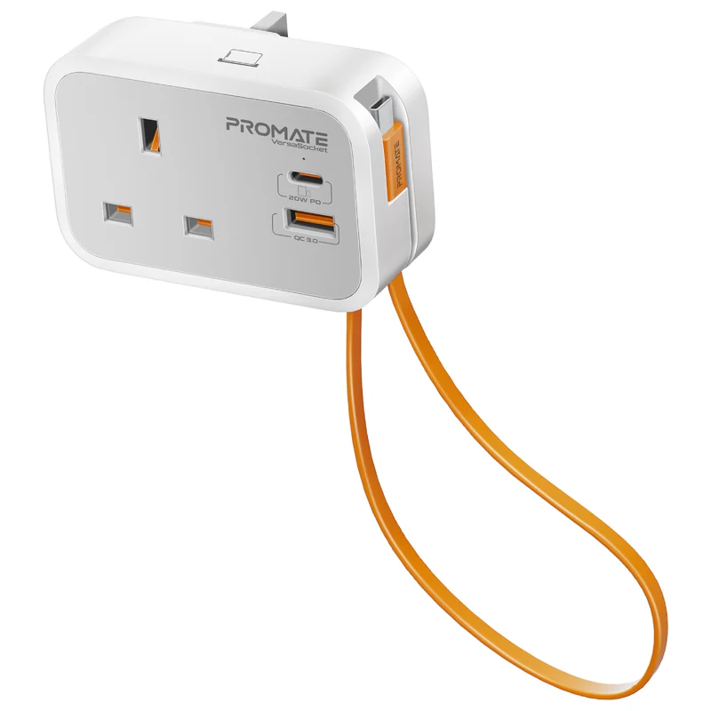 Promate Multi-Function AC Socket Charger with Built-In 20W PD USB-C Cable