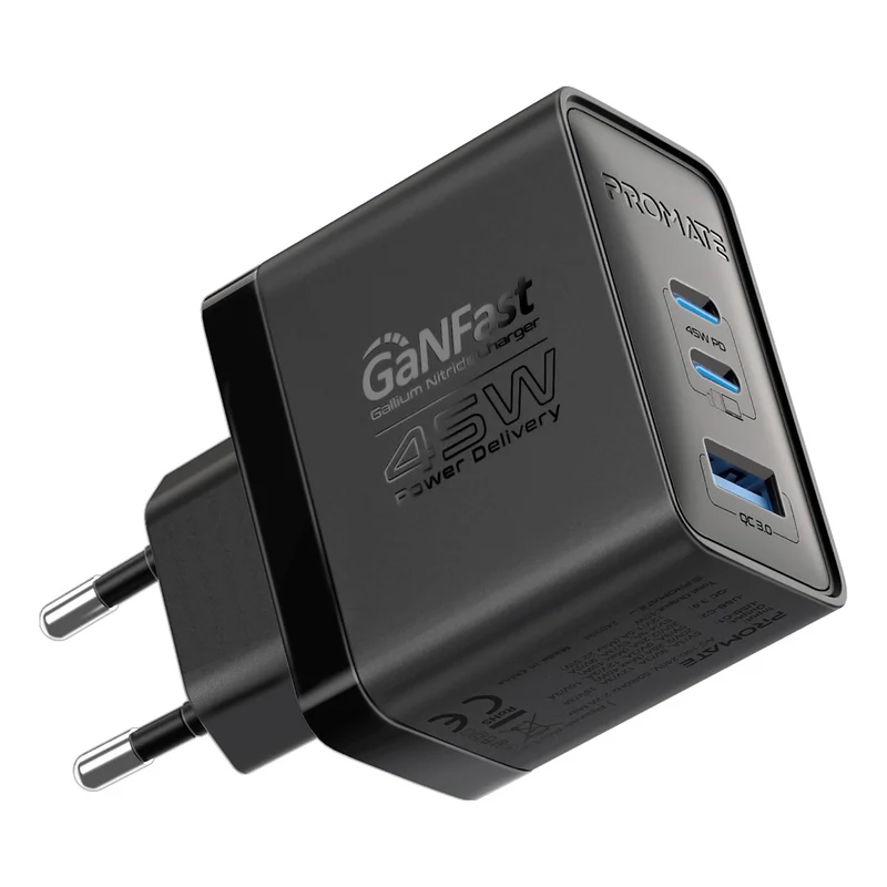 Promate 45W Power Delivery GaNFast™ Charger with Quick Charge 3.0