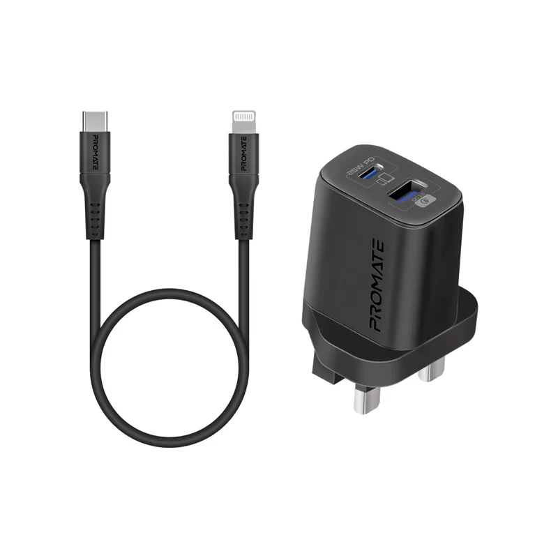 Promate 25W Power Delivery Dual Port Adapter with Ultra-Fast USB-C to Lightning Cable