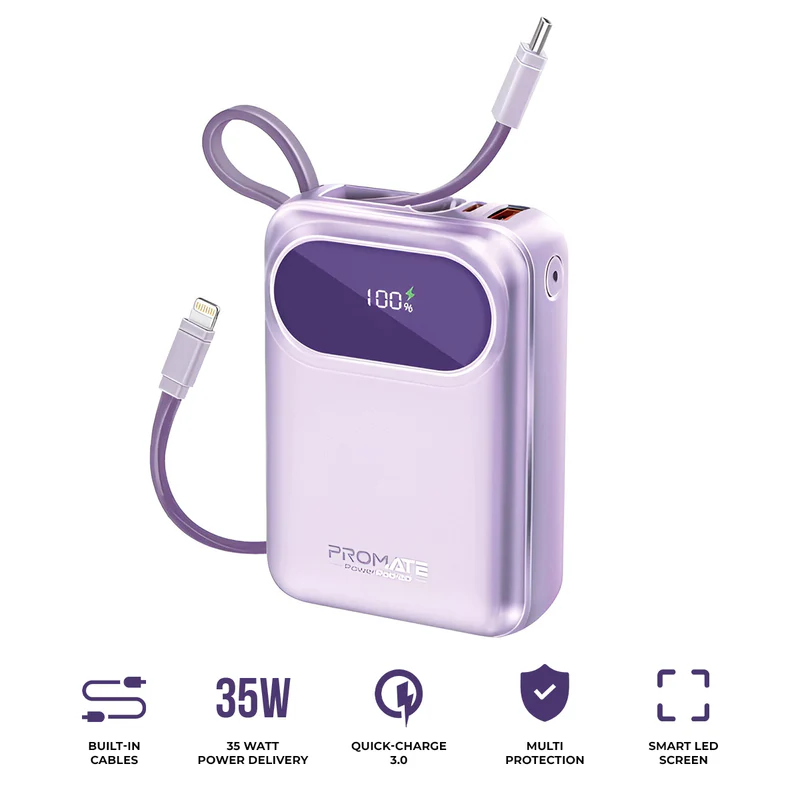 Promate Powerpod-20 20000mAh Ultra Compact 35W Superspeed Power Bank With Built-In Usb-C & Lightning Cable (Purple) 