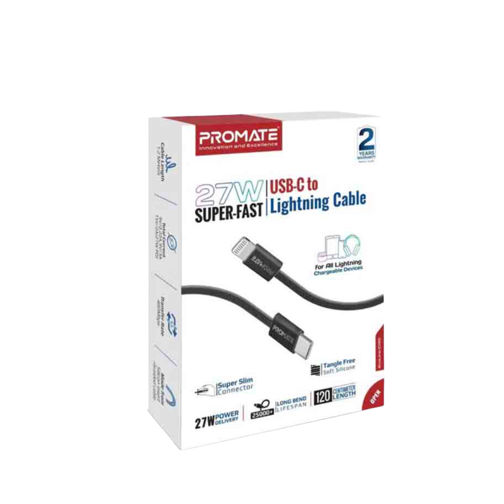 PROMATE ECOLINE-Ci120. 1.2m CABLE USB-C TO  LIGHTNING DATA SYNC & CHARGE 27W - BLACK