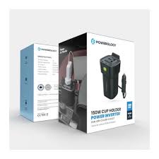 POWEROLOGY 150 W CUP HOLDER POWER INVERTER  DUAL USB-C AND USB-A  - BLACK