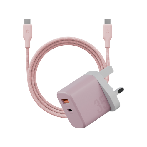 Bazic Go Port Velox Kit Bundle 1-Port USB-C & 1-Port USB-A PD 35W Wall Charger with Weave USB-C to USB-C 60W Cable - Peach Pink