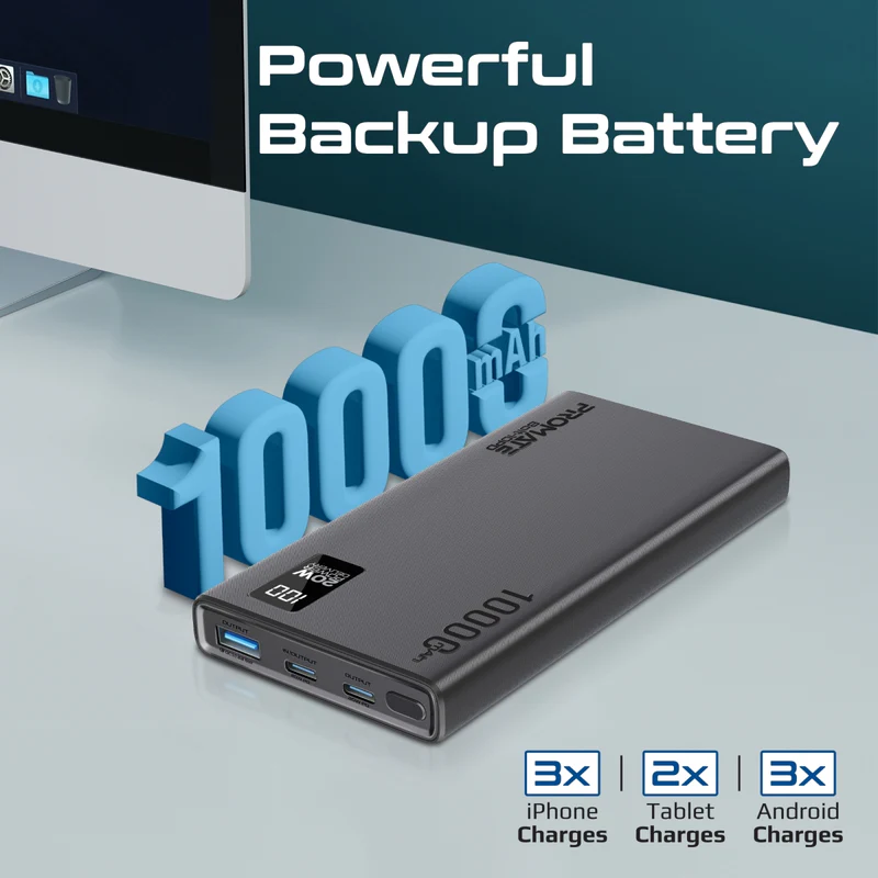 بروميت بنك طاقة ذكي صغير الحجم مع منفذي USB-C PD بقوة 20 وات ومنافذ USB-A بقوة 22.5 وات باللون الاسود