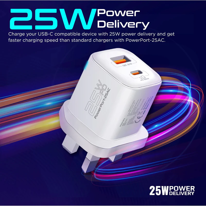 Promate Ultra-Fast Dual Port AC Charger with 25W Power Delivery and QC 3.0  white
