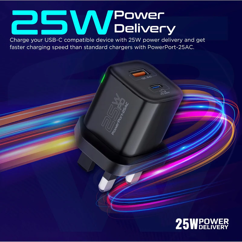 Promate Ultra-Fast Dual Port AC Charger with 25W Power Delivery and QC 3.0  black