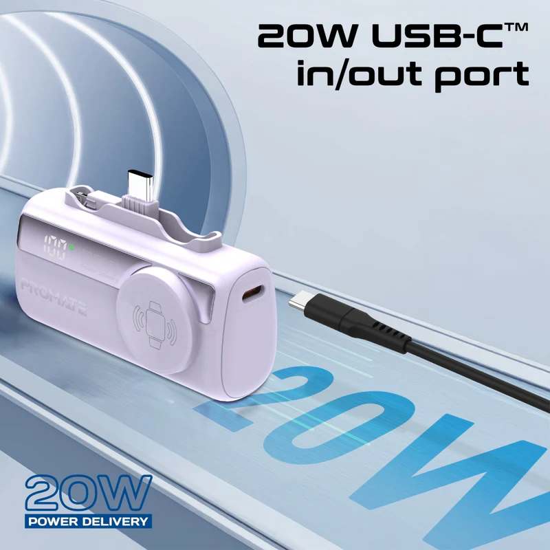 Promate Ultra-CompactFastChargingPowerBank with In-built USB-C, LightningConnectors & Apple Watch Charger purple