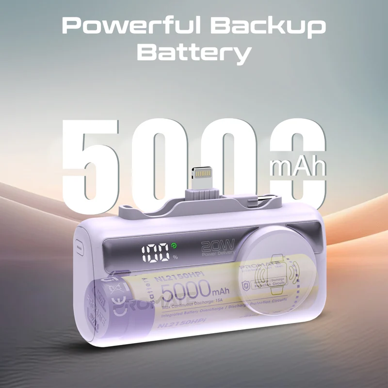 Promate Ultra-CompactFastChargingPowerBank with In-built USB-C, LightningConnectors & Apple Watch Charger purple