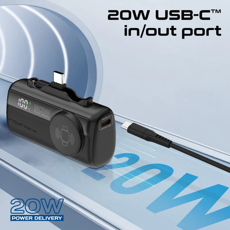 Promate Ultra-Compact Fast Charging Power Bank with In-built USB-C, Lightning Connectors & Apple Watch Charger r