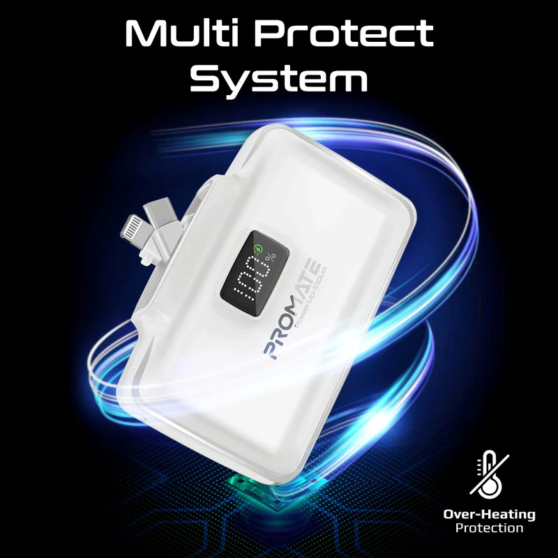Promate Ultra-Compact Fast Charging Power Bank with Dual folding USB-C and Lightning Connectors White