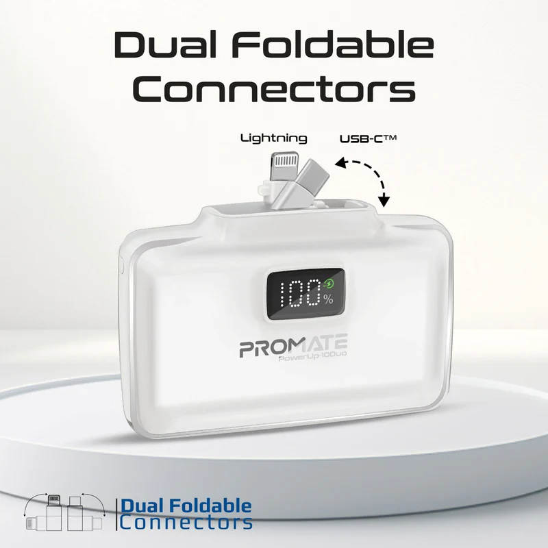 Promate Ultra-Compact Fast Charging Power Bank with Dual folding USB-C and Lightning Connectors White