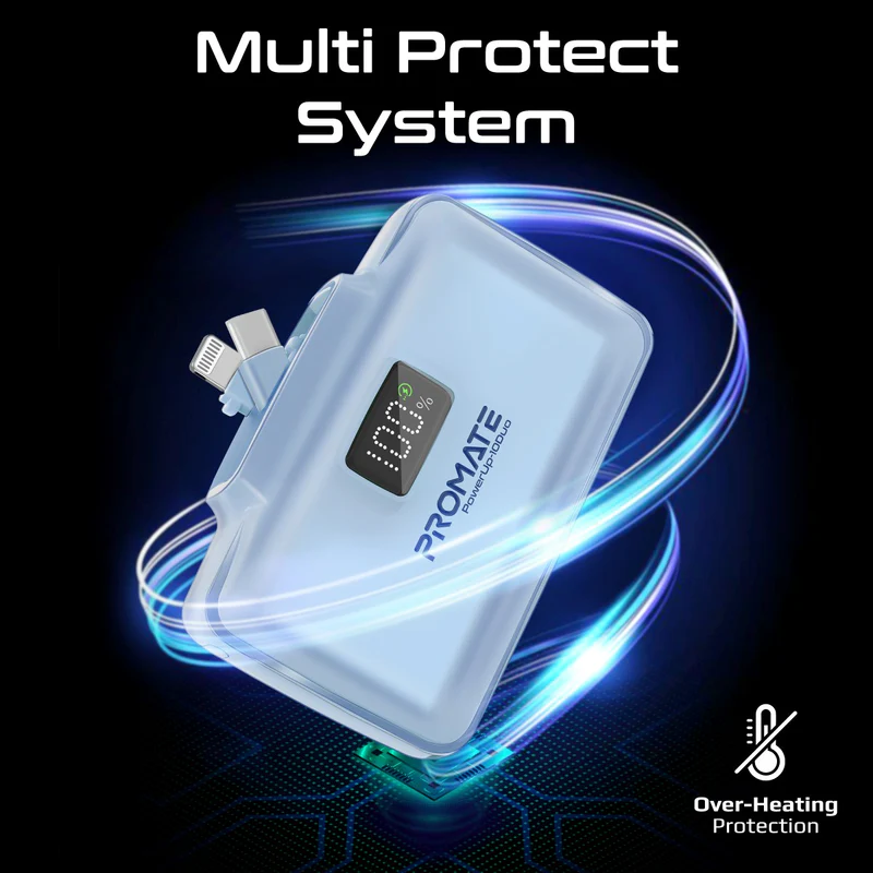 Promate Ultra-Compact Fast Charging Power Bank with Dual folding USB-C and Lightning Connectors Blue