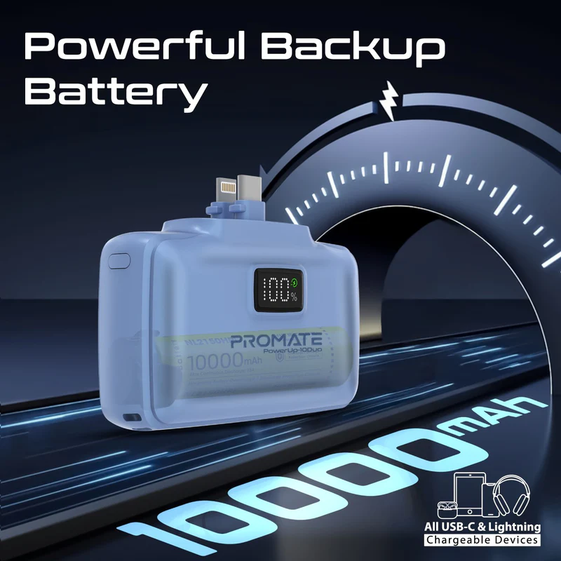Promate Ultra-Compact Fast Charging Power Bank with Dual folding USB-C and Lightning Connectors Blue