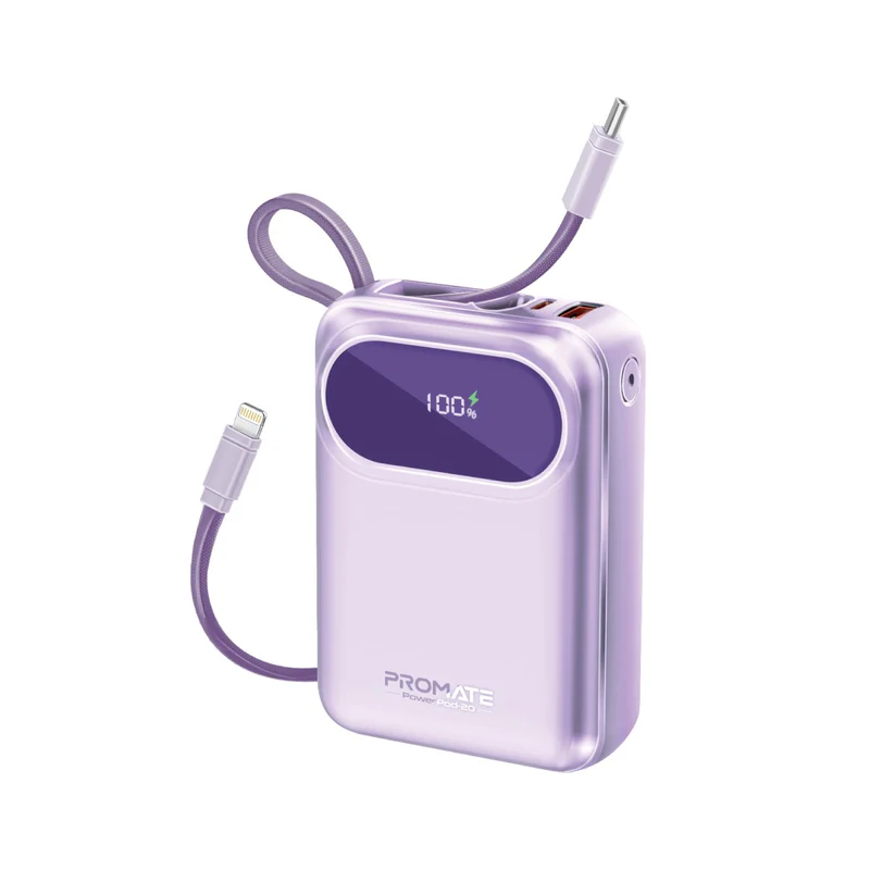 Promate Powerpod-20 20000mAh Ultra Compact 35W Superspeed Power Bank With Built-In Usb-C & Lightning Cable (Purple) 
