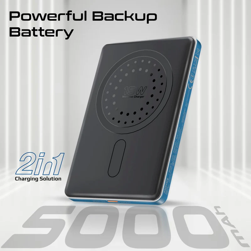  بروميت باور بانك فائق النحافة مصنوع من الألومنيوم بسعة 5000 مللي أمبير/ساعة، متوافق مع تقنية الشحن اللاسلكي ماجسيف
