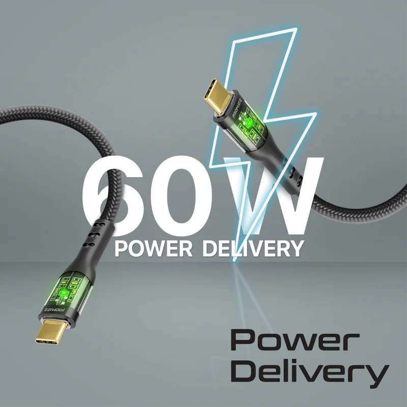 Promate  cable  60W Type-C TO Type-C - 2meter Black