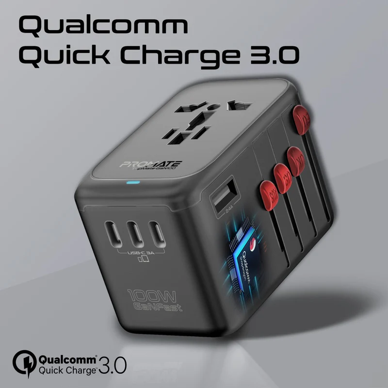 Promate 100W Power Delivery GaNFast™ Multi-Port Travel Adapter 