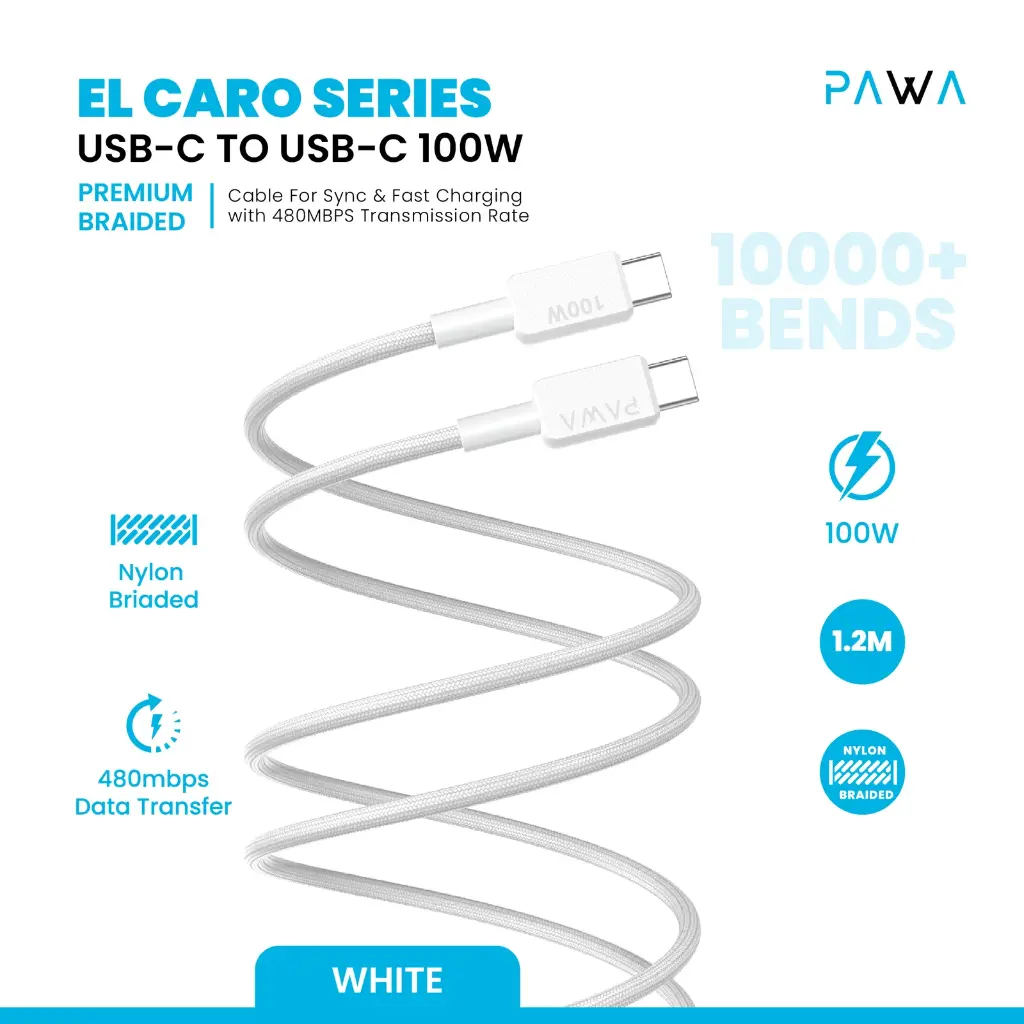PAWA El-Claro Series Premium Braided Cable 2M USB-C to USB-C 100W /White 