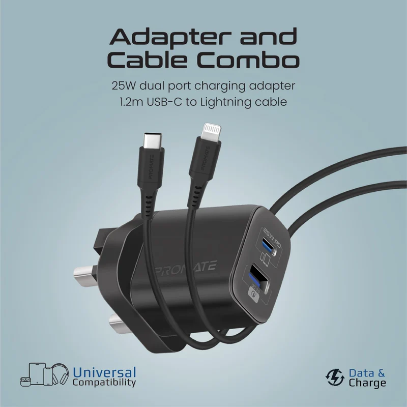 بروميت محول طاقة 25 وات ثنائي المنفذ مع كابل تايب سي إلى لايتنينج فائق السرعة 