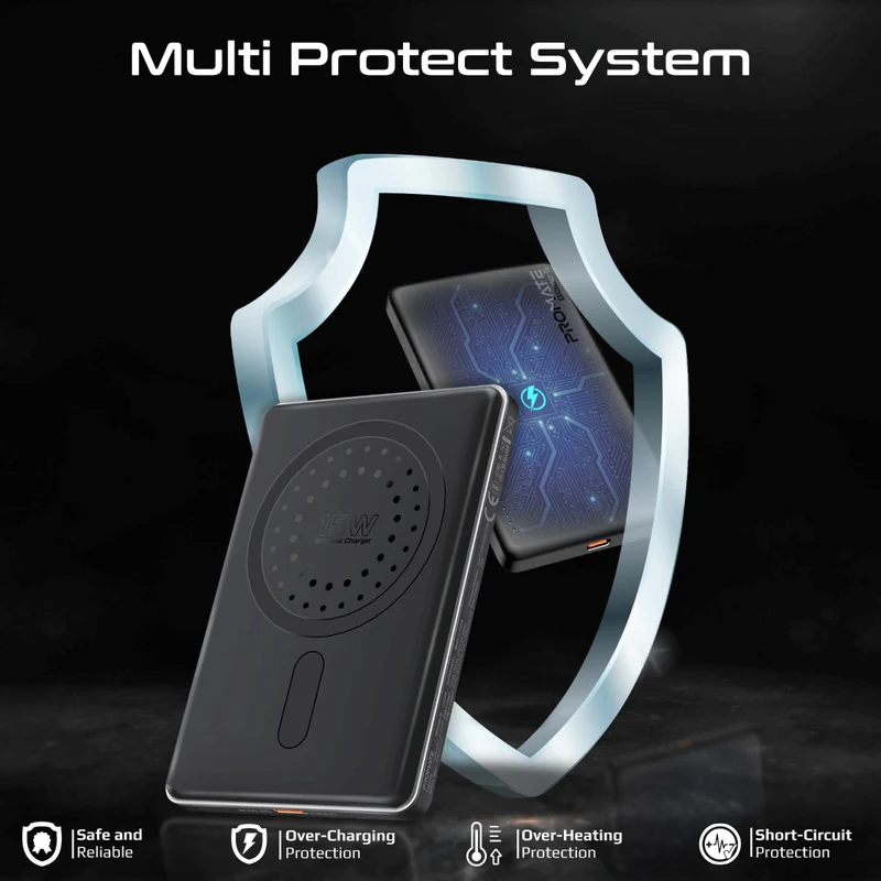 باور بانك بروميت فائق النحافة مصنوع من الألومنيوم بسعة 5000 مللي أمبير/ساعة، متوافق مع تقنية الشحن اللاسلكي ماجسيف