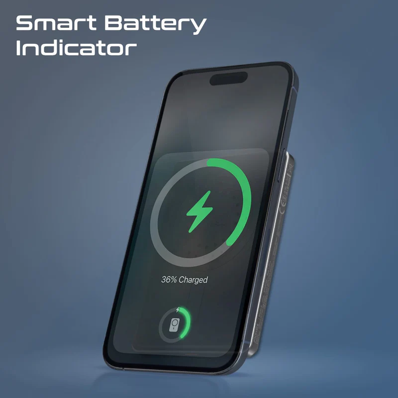 باور بانك بروميت فائق النحافة مصنوع من الألومنيوم بسعة 5000 مللي أمبير/ساعة، متوافق مع تقنية الشحن اللاسلكي ماجسيف