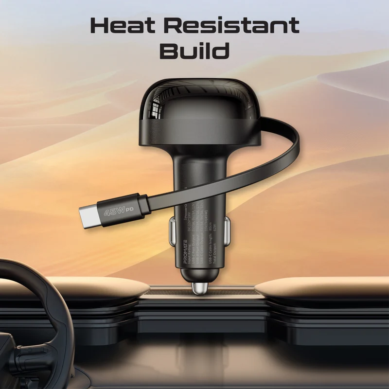 بروميت شاحن سيارة متعدد المنافذ بقوة 62 وات مع كابل USB-C قابل للسحب 